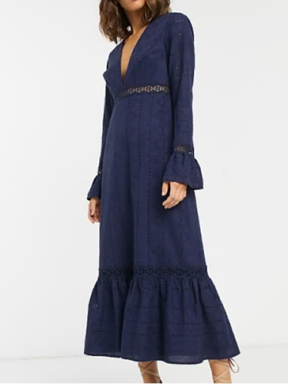 ASOS DESIGN plunge broderie maxi dress with pephem and fluted sleeves in navy